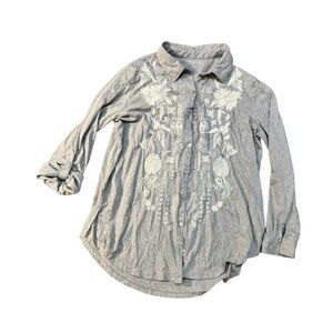 SOFT SURROUNDINGS Tunic Embroidered Gray White Floral Button Collar XLarge